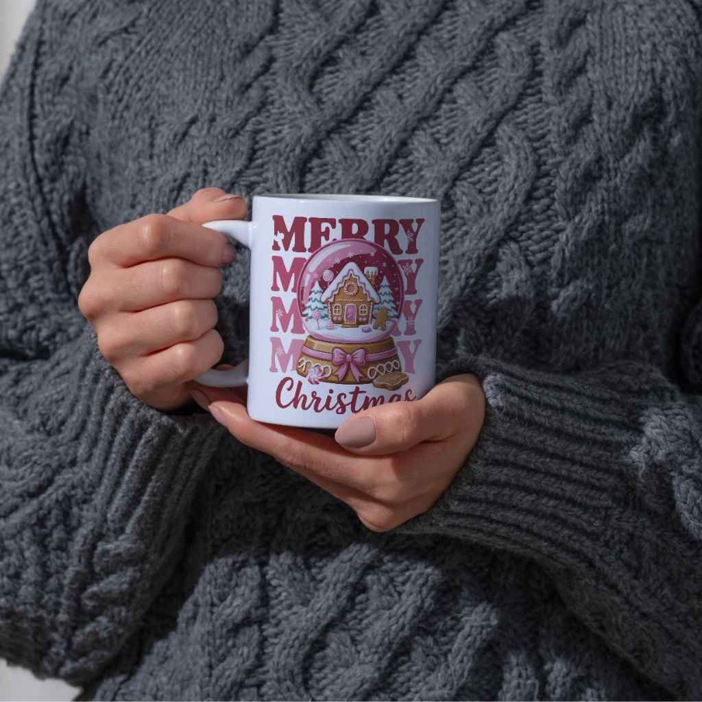 Pretty in Pink Gingerbread Christmas Mug – Merry Christmas Snow Globe Holiday Coffee Cup