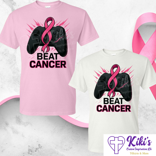 Beat Cancer Gamer Tee – Pink Ribbon Controller Awareness Shirt