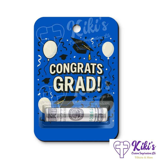 blue congrats grad money holder with grad caps and balloons