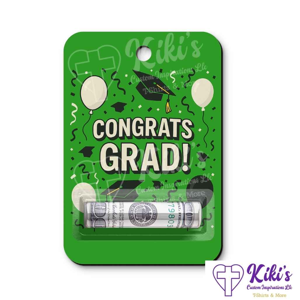 green congrats grad money holder with grad caps and balloons