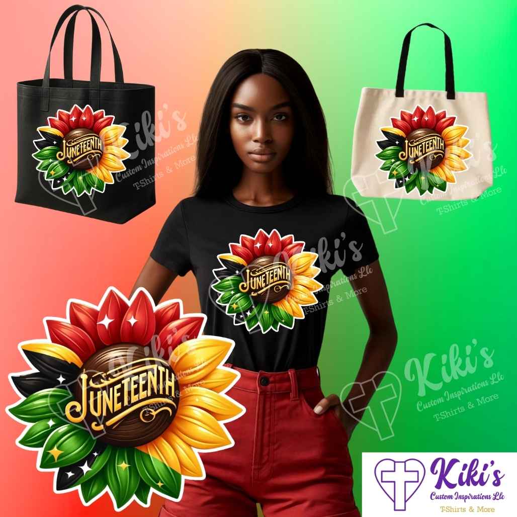 Juneteenth Sparkle Flower T-Shirt - Kiki's Custom Inspirations DTF T-Shirt, Tote bag