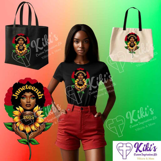 Juneteenth Sunflower T-Shirt & Tote - Kiki's Custom Inspirations DTF T-Shirt, Tote bag