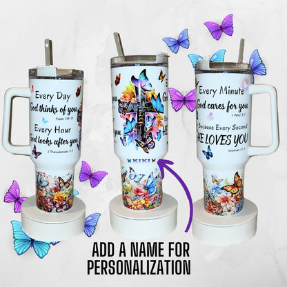 Personalized Inspirational 40oz Tumbler with Scriptures and Butterflies - Kiki's Custom Inspirations