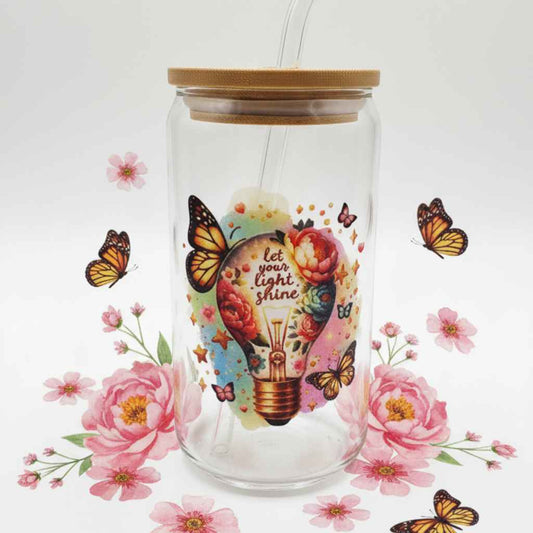 Let Your Light Shine 20oz Glass Cup – Butterfly & Floral Light-Bulb