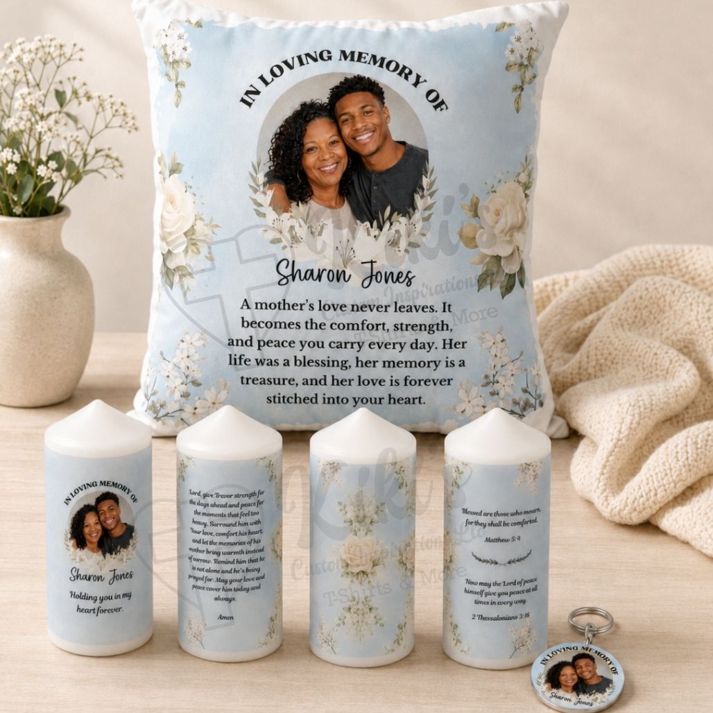 Personalized Memorial Gift Bundle – Custom Photo Pillow, Memorial Candles & Keychain
