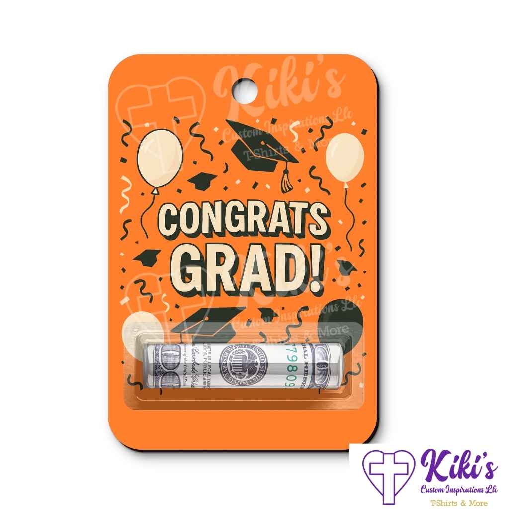 orange congrats grad money holder with grad caps and balloons