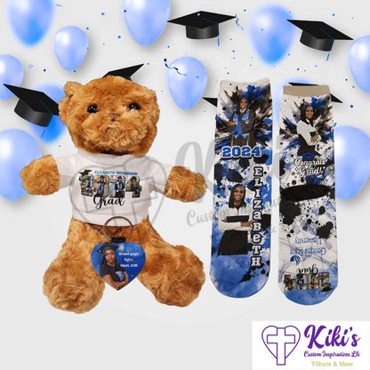 Personalized Grad Gift Bundle with Keychain, Socks, & Teddy Bear - Kiki's Custom Inspirations Keychains, Socks, Teddy Bear