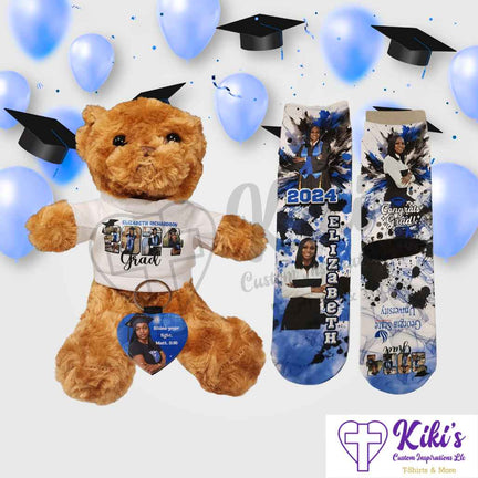 Personalized Grad Gift Bundle with Keychain, Socks, & Teddy Bear - Kiki's Custom Inspirations Keychains, Socks, Teddy Bear