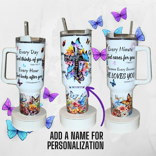 Personalized Inspirational 40oz Tumbler with Scriptures and Butterflies - Kiki's Custom Inspirations Drinkware