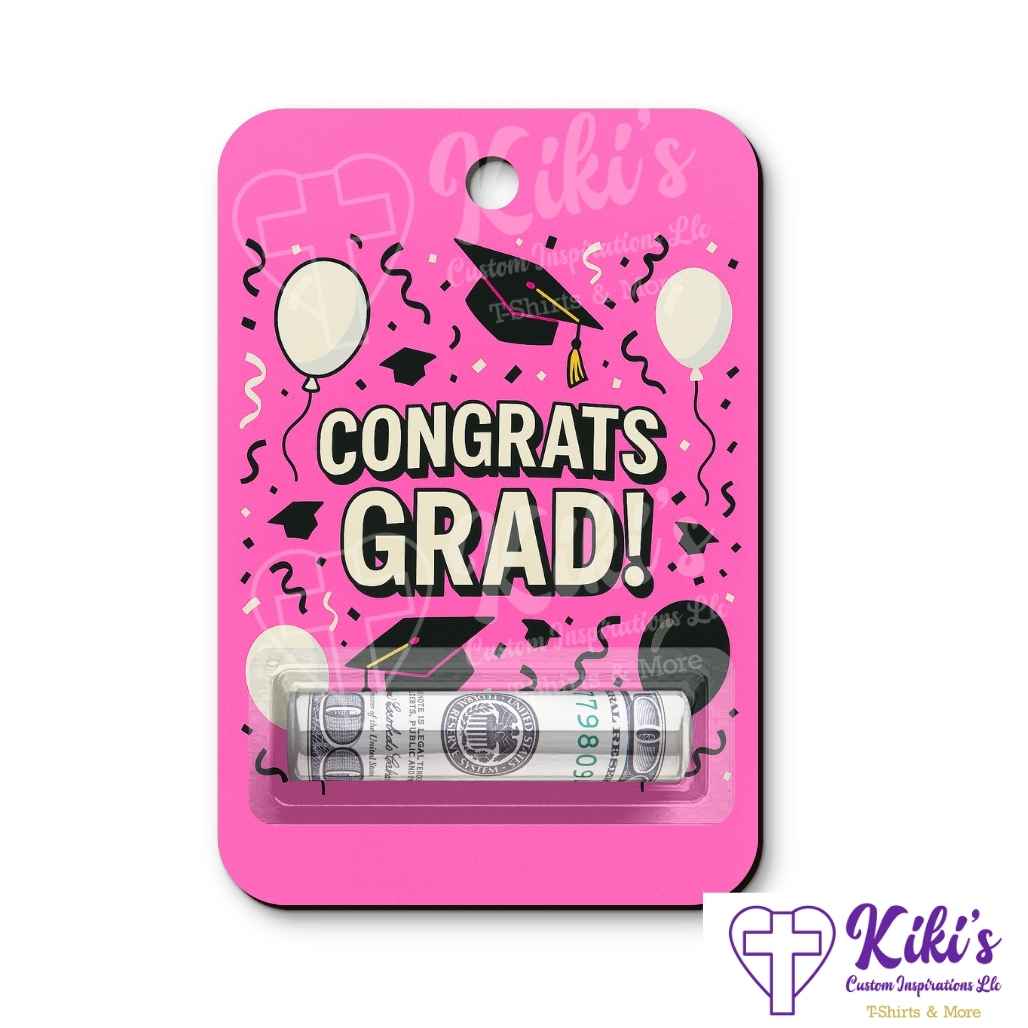 pink congrats grad money holder with grad caps and balloons