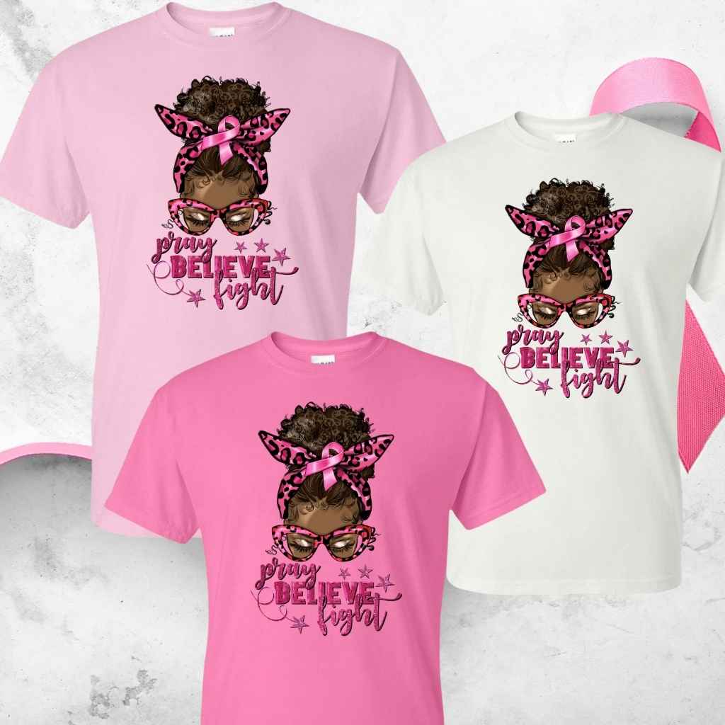 Pray • Believe • Fight Pink Ribbon Girl T-Shirt | Faith - Filled Breast Cancer Awareness Tee - Kiki's Custom Inspirations T-Shirt