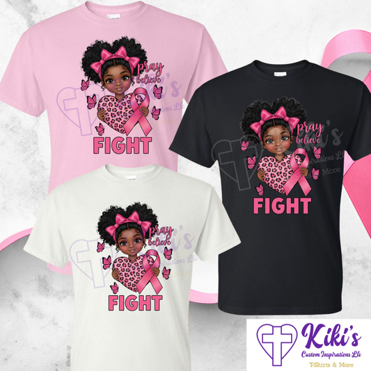 Pray • Believe • Fight Tee (Afro Puff Girl + Leopard Heart)
