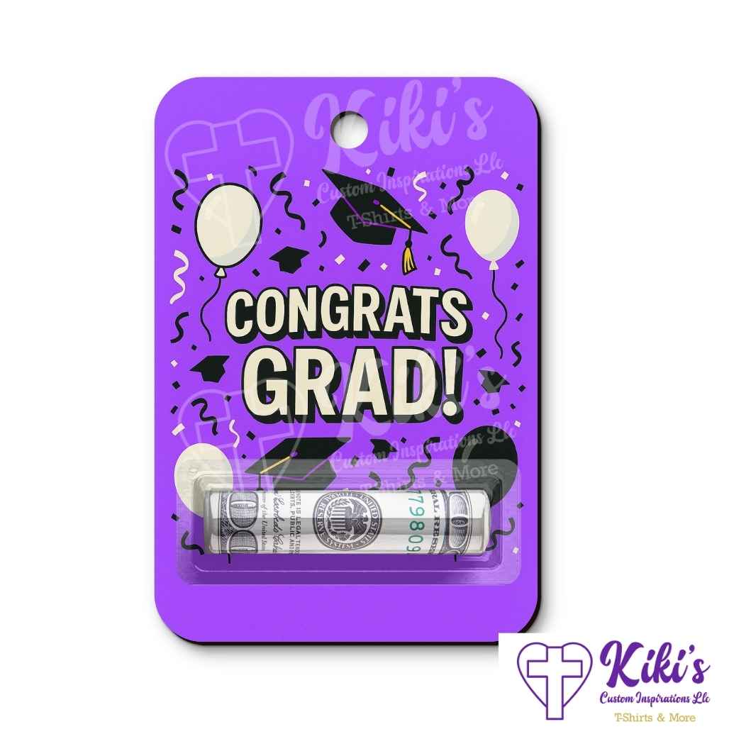 purple congrats grad money holder with grad caps and balloons