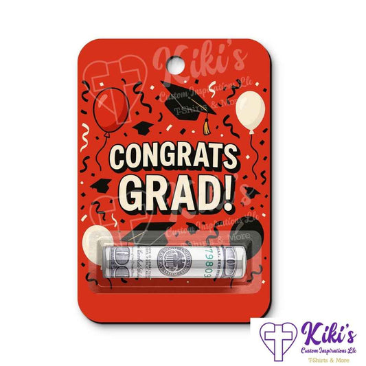 red congrats grad money holder with grad caps and balloons