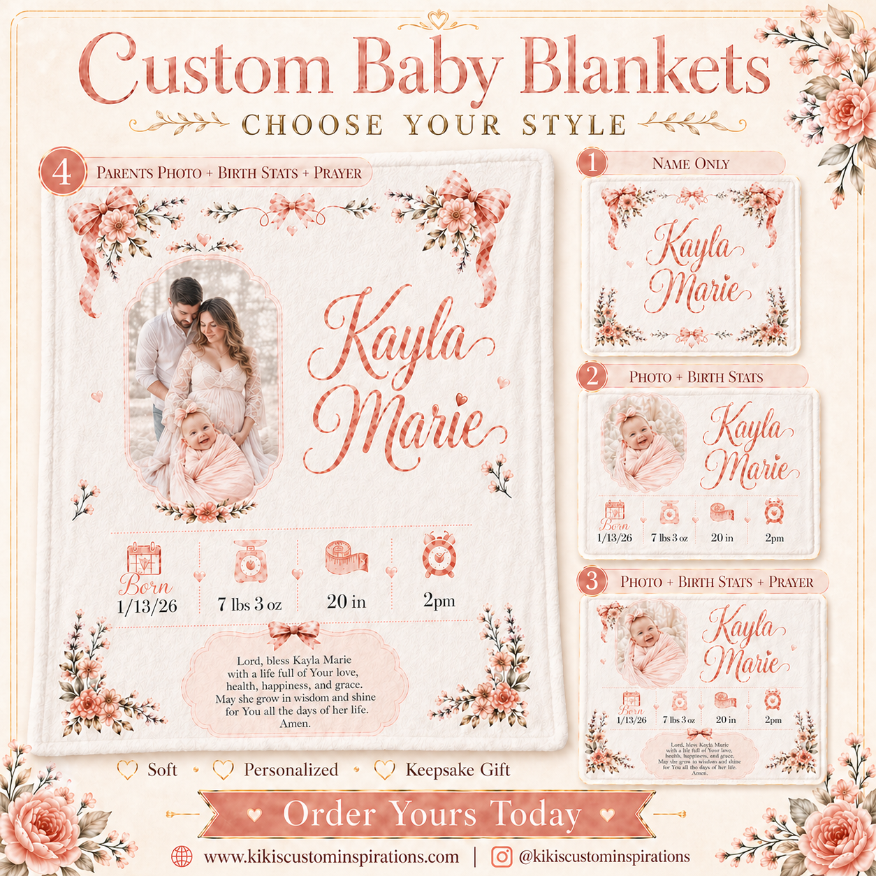 Custom Baby Blanket | Personalized 30x40 Keepsake Blanket with Name, Photo, Birth Stats & Prayer