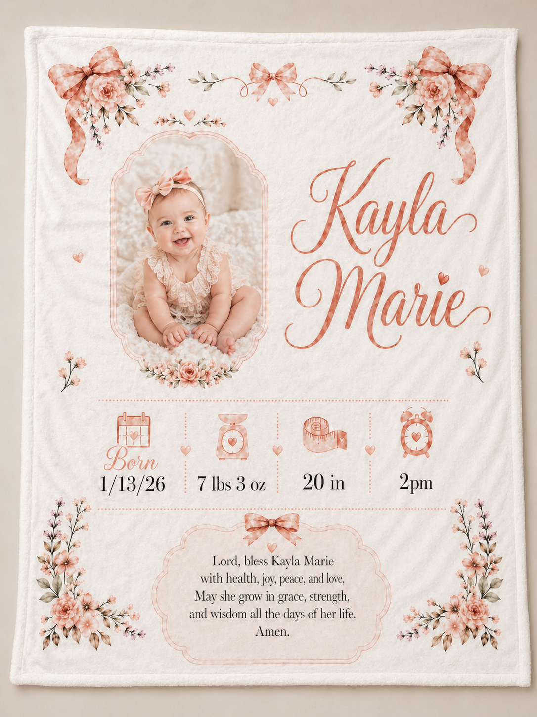 Custom Baby Blanket | Personalized 30x40 Keepsake Blanket with Name, Photo, Birth Stats & Prayer