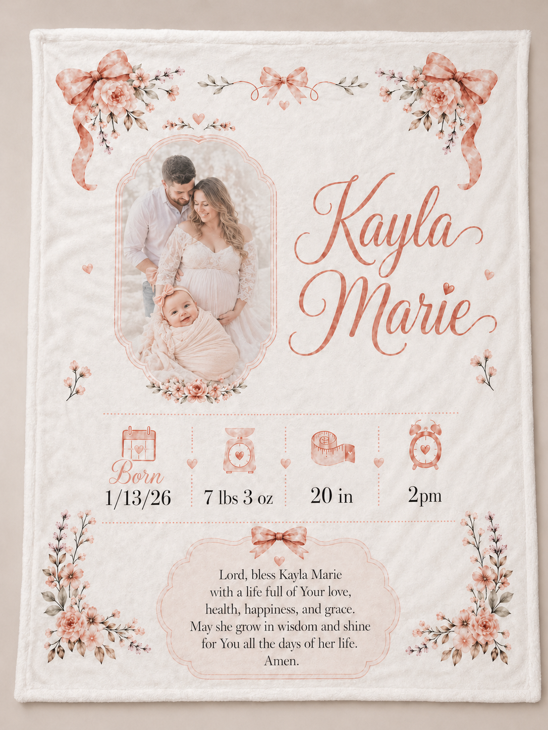 Custom Baby Blanket | Personalized 30x40 Keepsake Blanket with Name, Photo, Birth Stats & Prayer