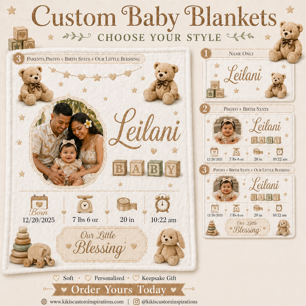 Custom Baby Blanket | Personalized 30x40 Keepsake Blanket with Name, Photo, Birth Stats & Prayer
