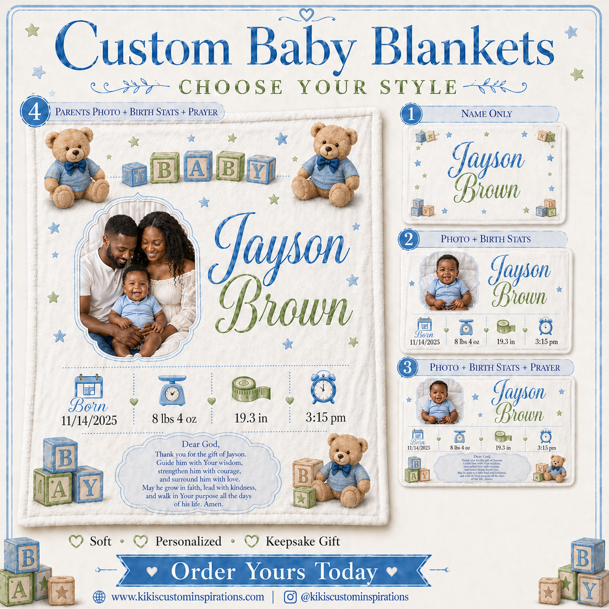 Custom Baby Blanket | Personalized 30x40 Keepsake Blanket with Name, Photo, Birth Stats & Prayer