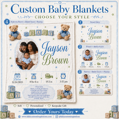 Custom Baby Blanket | Personalized 30x40 Keepsake Blanket with Name, Photo, Birth Stats & Prayer