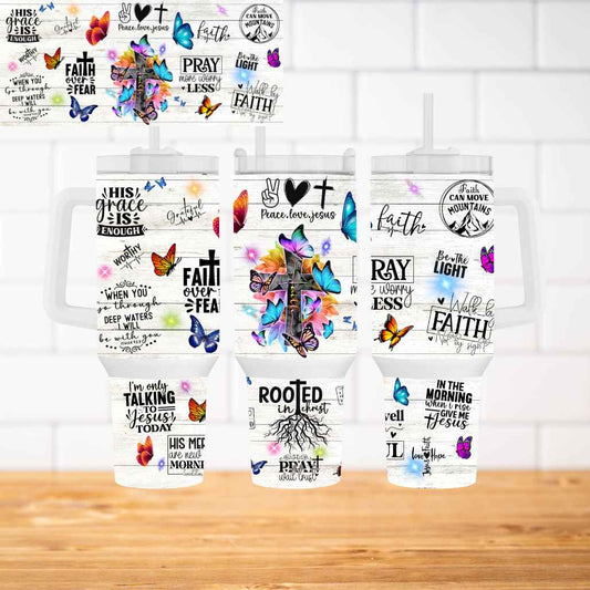 Rooted in Christ 40oz Tumbler (with Christian Sayings & Butterflies) - Kiki's Custom Inspirations Drinkware