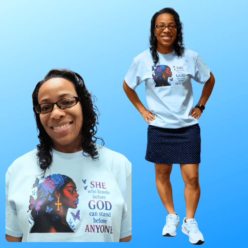 She Who Kneels Before God Butterfly Faith Tee – Christian Inspirational T-Shirt - Kiki's Custom Inspirations DTF T-Shirt