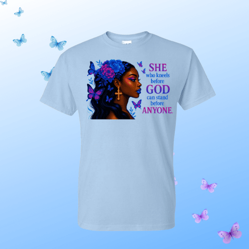 She Who Kneels Before God Butterfly Faith Tee – Christian Inspirational T-Shirt - Kiki's Custom Inspirations DTF T-Shirt