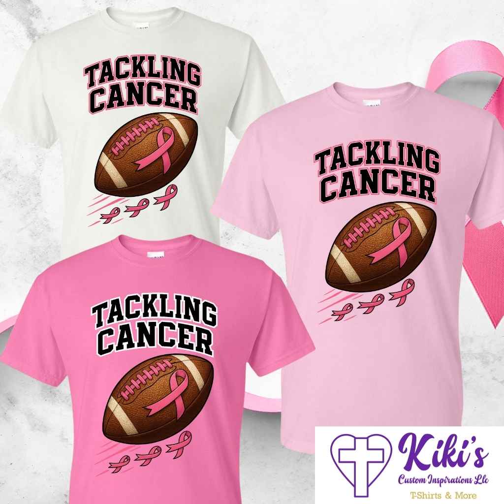 Tackling Cancer Football Shirt – Pink Ribbon Wind - Trail (Unisex Breast Cancer Awareness Tee) - Kiki's Custom Inspirations T-Shirt