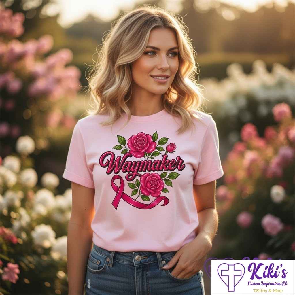 Waymaker Roses Pink Ribbon Tee – Faith & Hope Breast Cancer Awareness Shirt - Kiki's Custom Inspirations T-Shirt