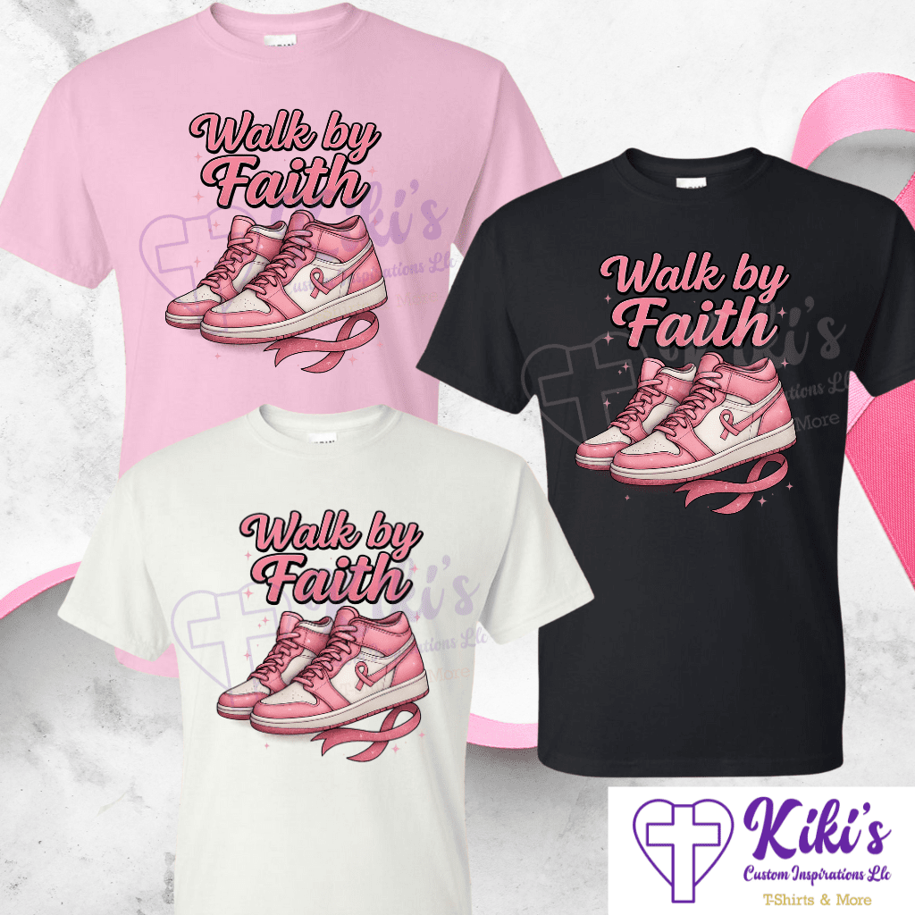 We Walk by Faith Pink Ribbon Sneaker Tee - Kiki's Custom Inspirations T-Shirt