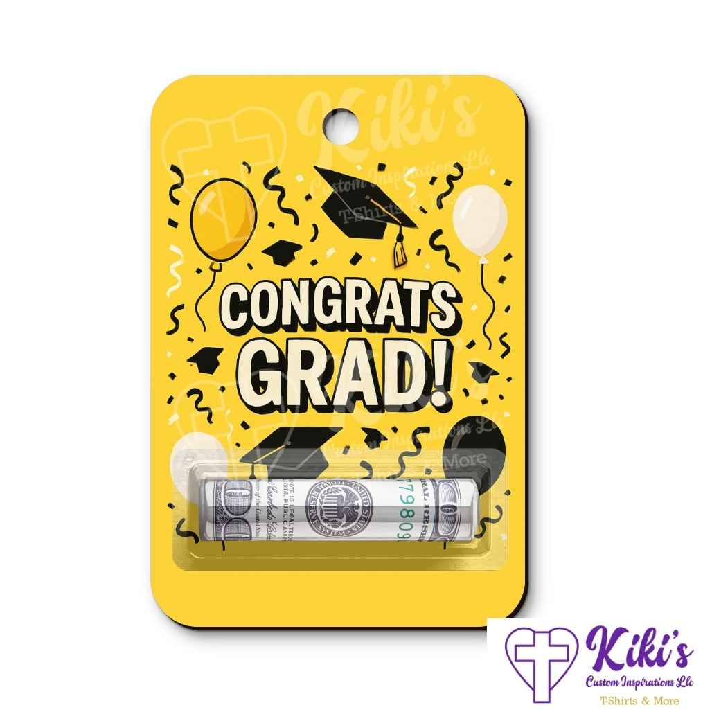 yellow congrats grad money holder with grad caps and balloons